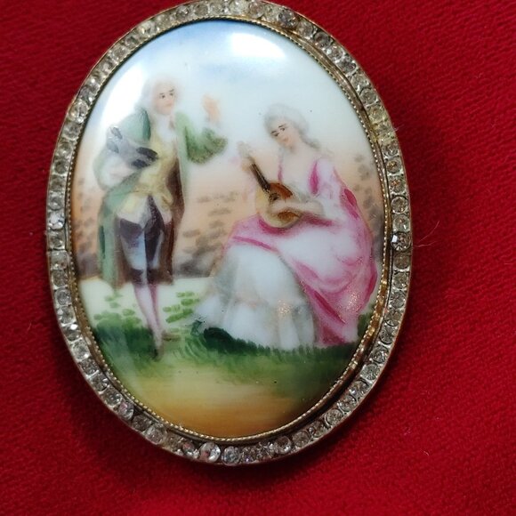 Antique Porcelain Brooch Bezel Setting Czech Hand Painted Numbered c. 1920s - Picture 2 of 9